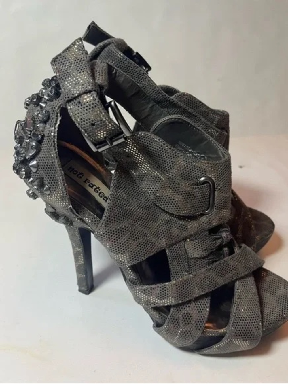 BRAND NEW!! Not Rated Metallic Gunmetal Crystal-Embellished Strappy Heels